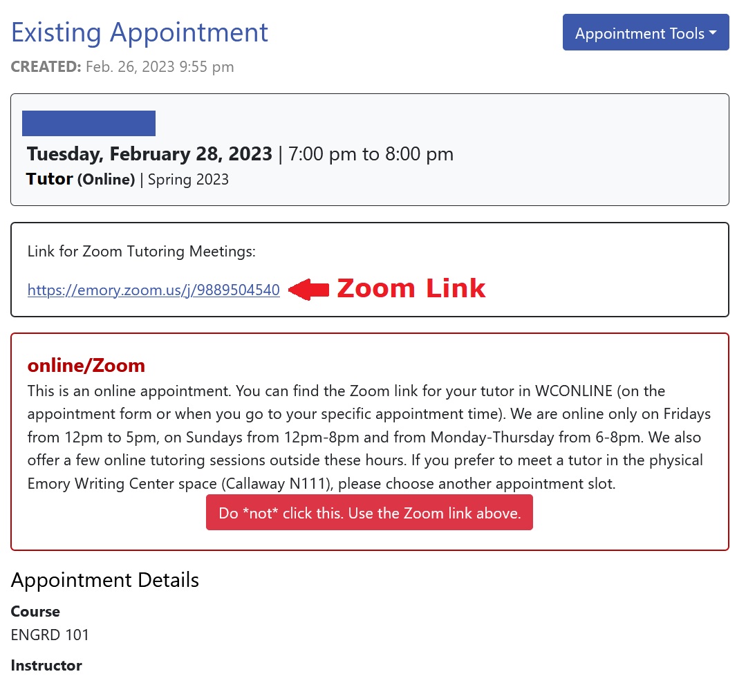 Appointment screen example